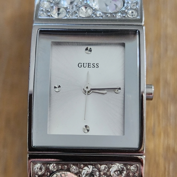 NWT Guess Silver Tone Rhinestone Bangle Watch with Pouch